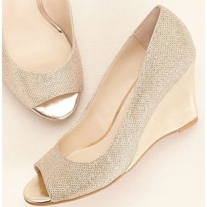 David’s Bridal Glitter Peep Toe Gold Wedge shoe